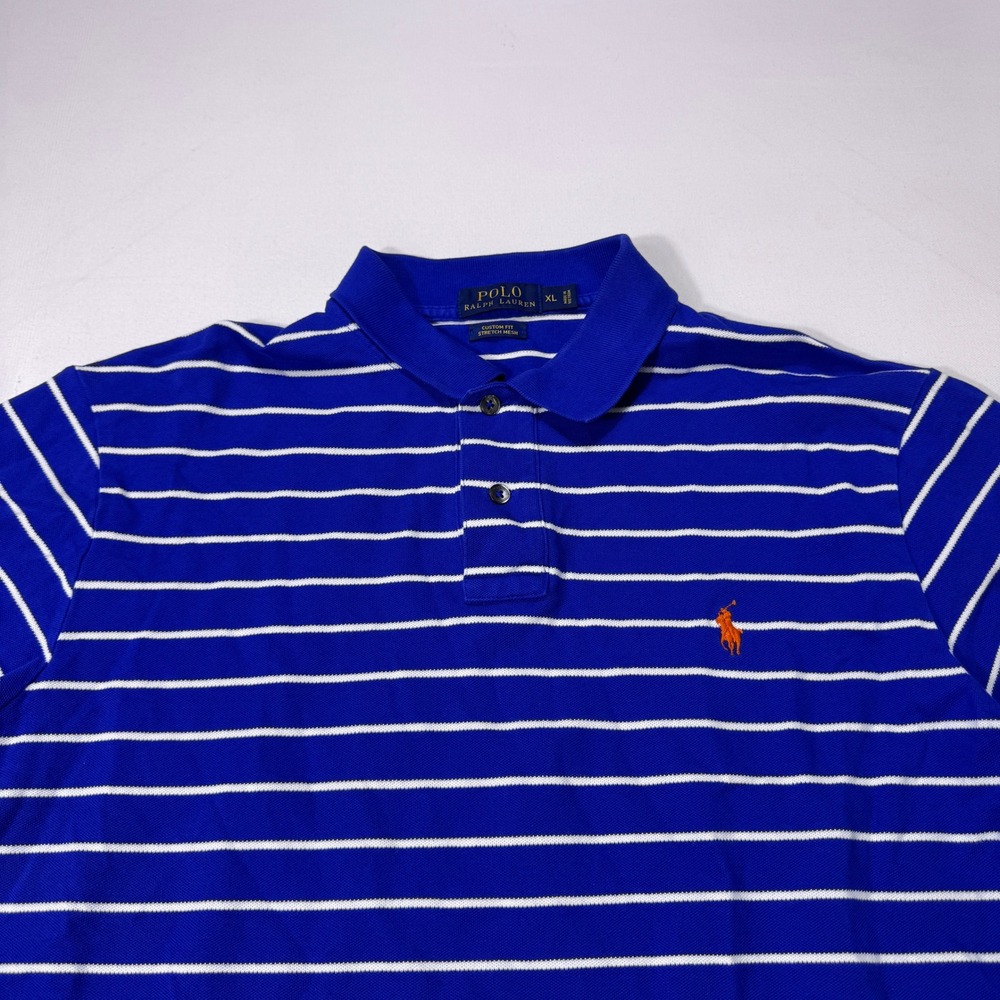 Polo Ralph Lauren Mens XL Custom Fit Stretch Mesh Blue White Striped Polo Shirt